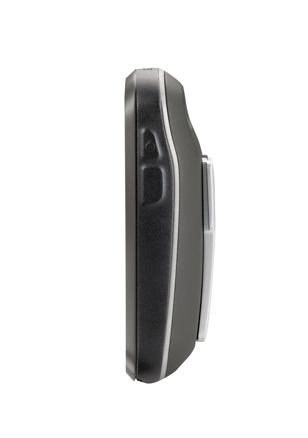Garmin Oregon 650 handheld GPS, black and gray, side profile view