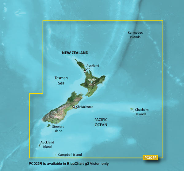 Garmin Bluechart Vision G2 New Zealand map card with blue waters and yellow boundary