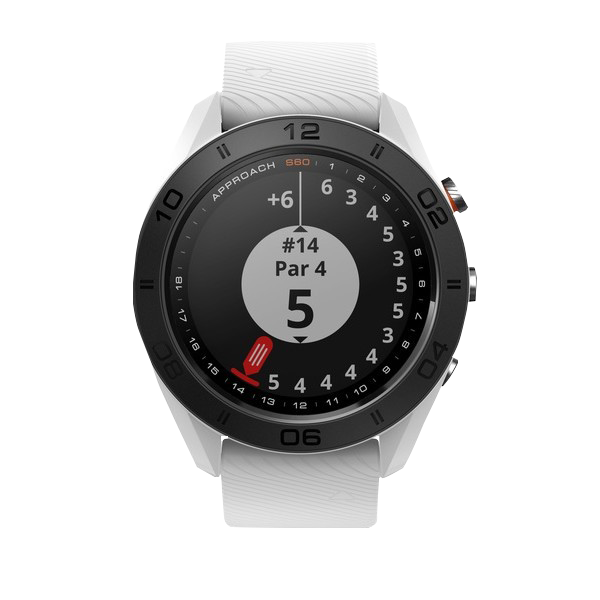 Garmin Approach S60 golf GPS smartwatch, white band, certified refurbished, round color display with Par 4 hole view
