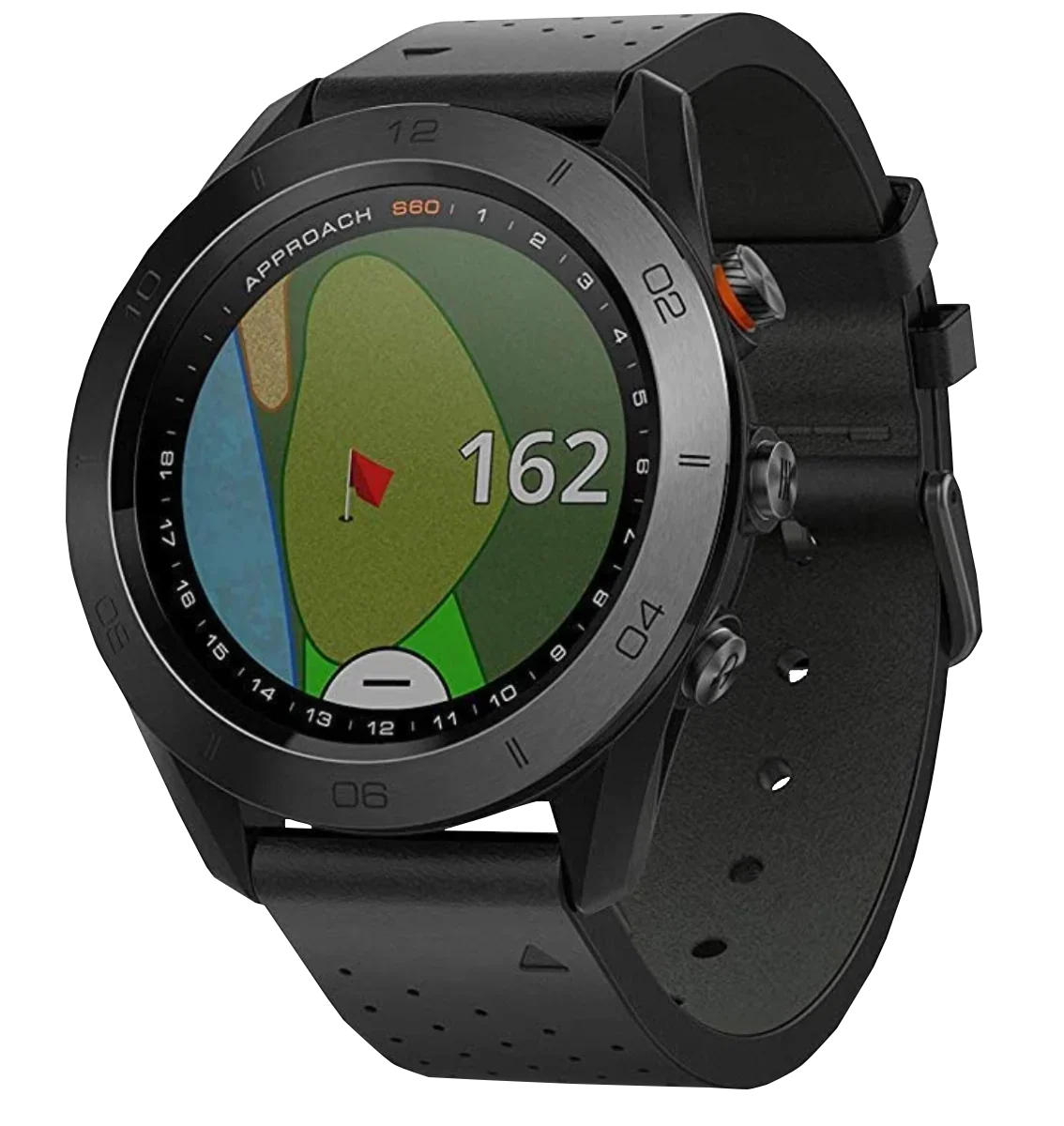 Garmin Approach S60 golf GPS smartwatch with black leather band, Garmin Certified Refurbished.
