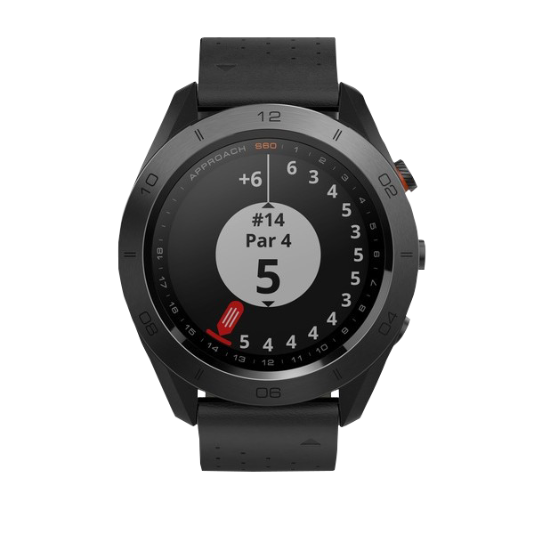 Garmin Approach S60 golf GPS smartwatch with black leather band, certified refurbished