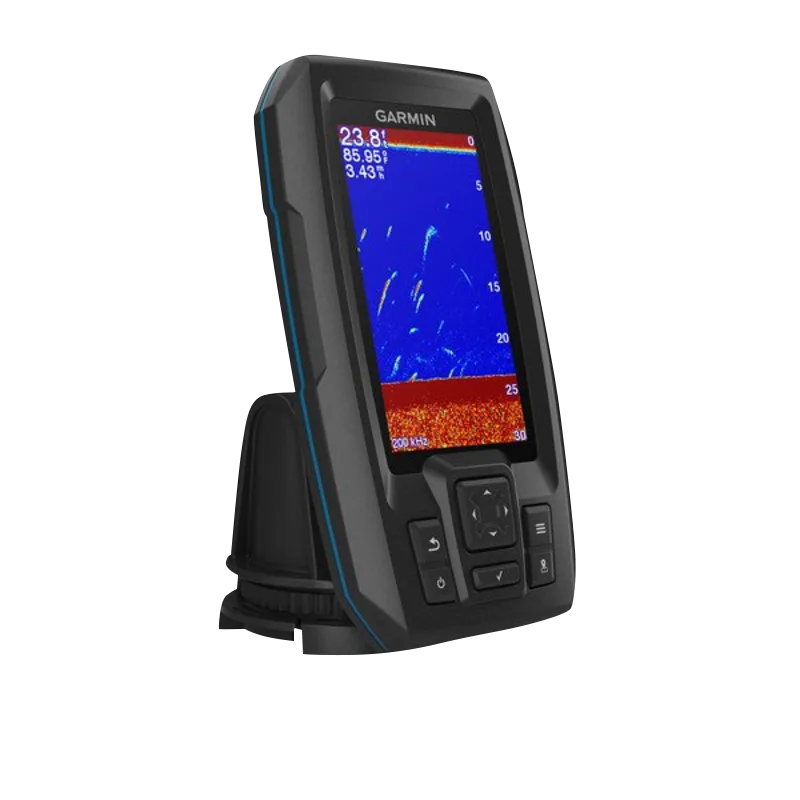 Garmin STRIKER Plus 4 fish finder, black unit with blue trim and dual-beam transducer