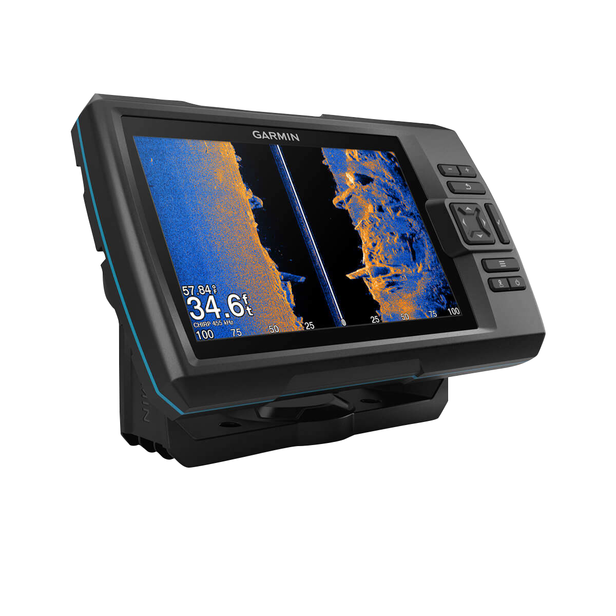 Garmin STRIKER Vivid 7sv fish finder display with blue trim and Garmin logo, no transducer included.