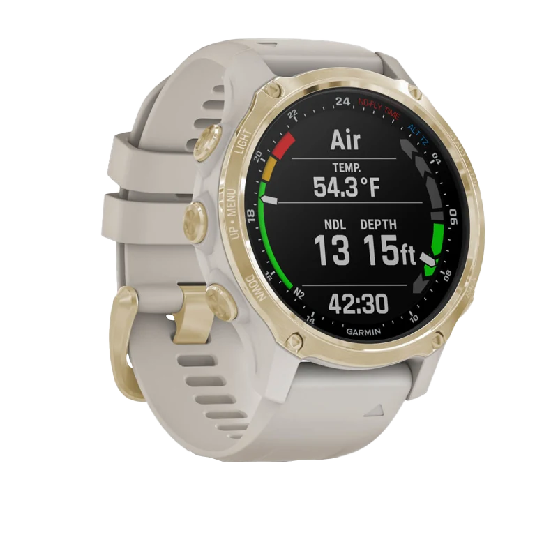 Garmin Descent Mk2S dive computer with light gold bezel and light sand silicone band, certified refurbished