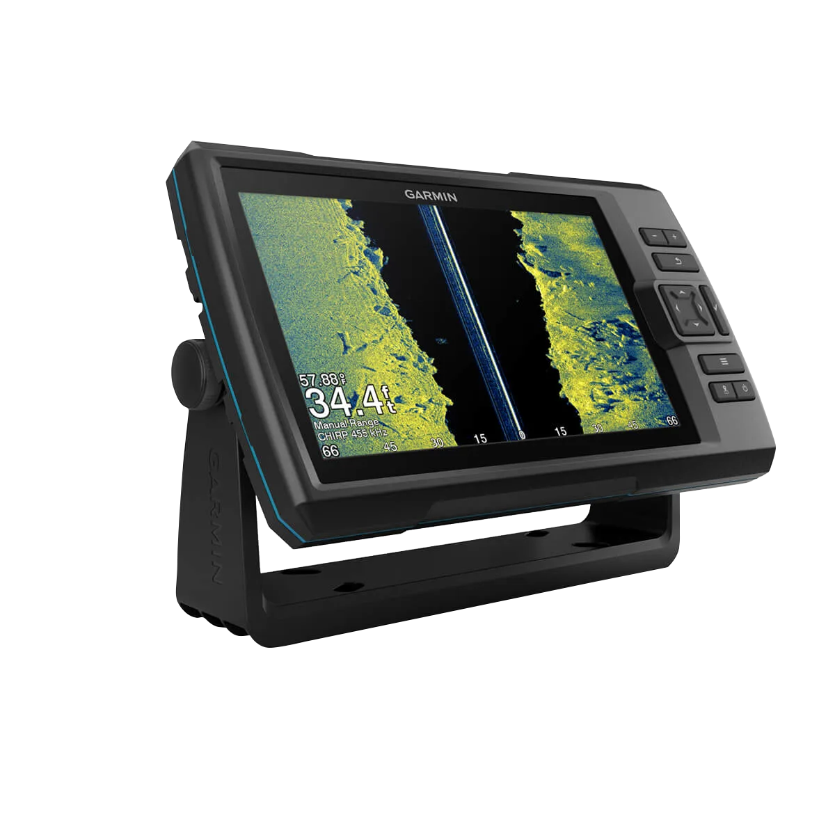 Garmin STRIKER Vivid 9sv fish finder display without transducer, black housing with blue trim on mounting stand