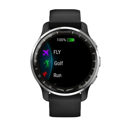 Garmin D2 Air X10 Aviator Smartwatch with black band and silver bezel displaying Fly, Golf, Run