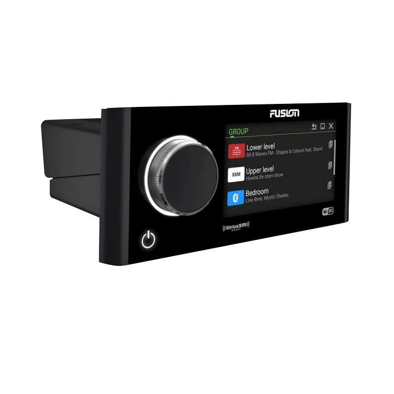 Garmin Fusion Apollo MS-RA770 marine stereo with built-in Wi-Fi, black front panel and large control dial