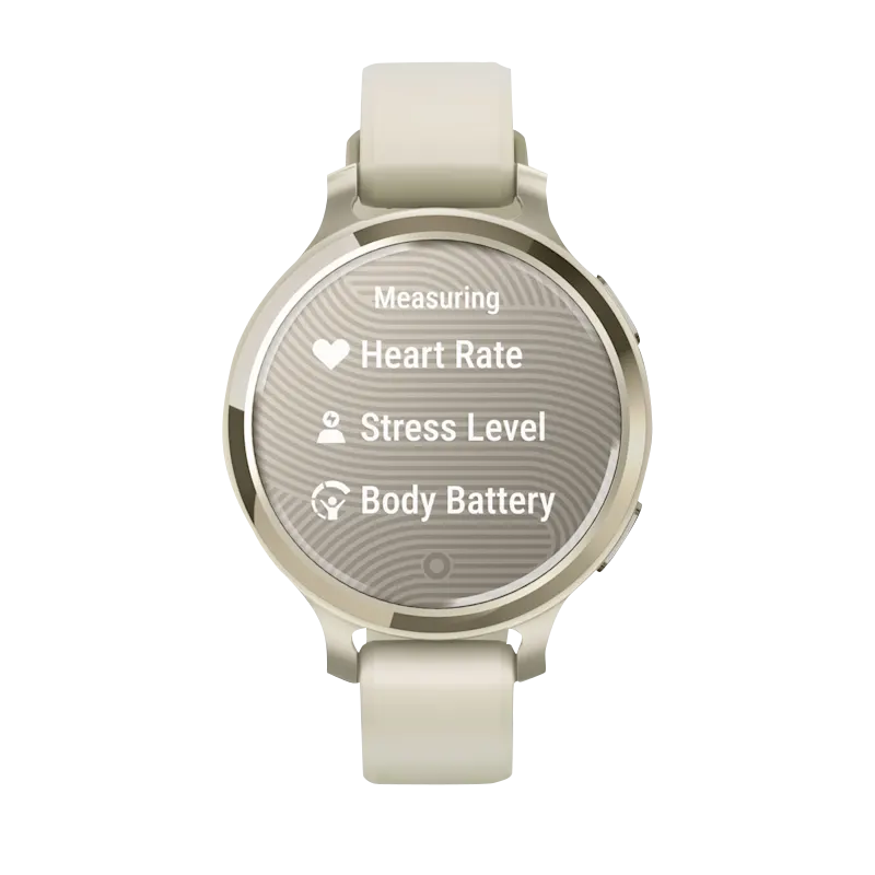 Garmin Lily 2 Active Lunar Gold smartwatch with bone silicone band; certified refurbished Garmin brand