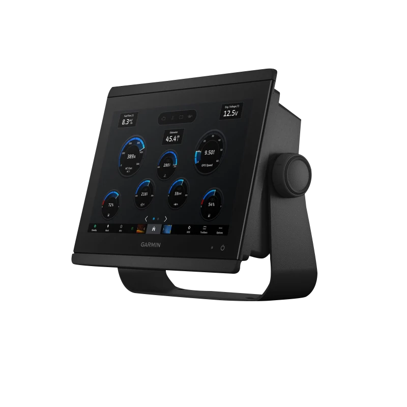 Garmin GPSMAP 8610 marine chartplotter with mapping on an adjustable stand
