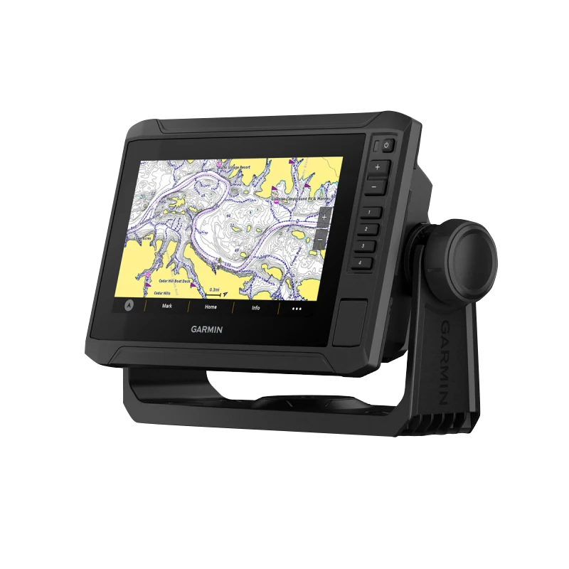 Garmin ECHOMAP UHD2 7-inch SV chartplotter on a black pedestal mount with map display
