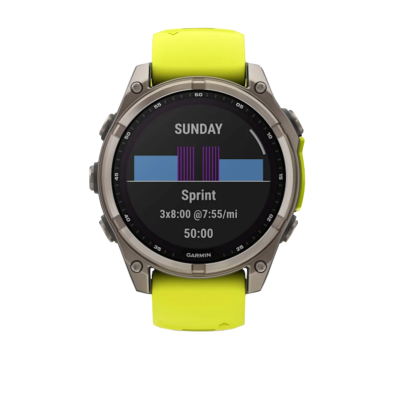 Garmin Fenix 8 smartwatch, 51 mm Solar Sapphire titanium case with neon yellow silicone band