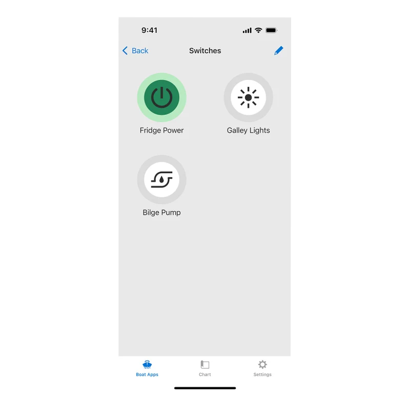 Garmin OnDeck Hub app screen showing switches: Fridge Power, Galley Lights, Bilge Pump