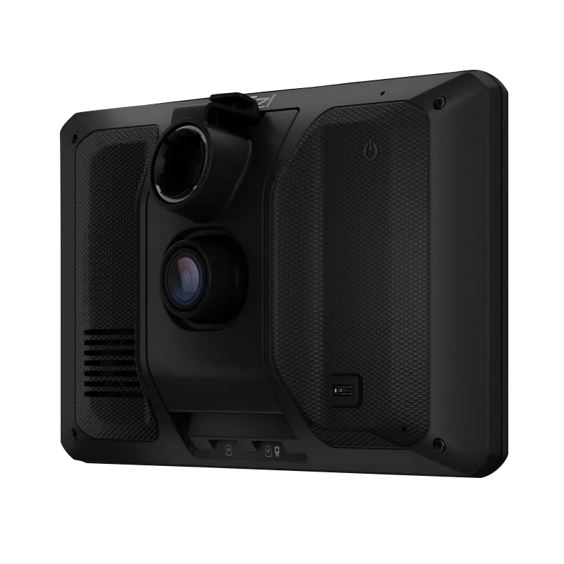 Garmin DezlCam OTR710 7-inch GPS Truck Navigator with built-in dash cam, refurbished, back view with dual lenses