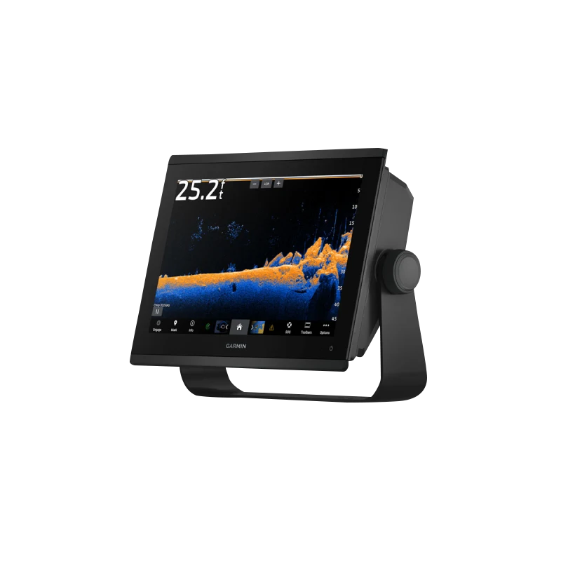Garmin GPSMAP marine chartplotter 1243xsv with SideVu, ClearVu and CHIRP sonar on a black mounting stand.