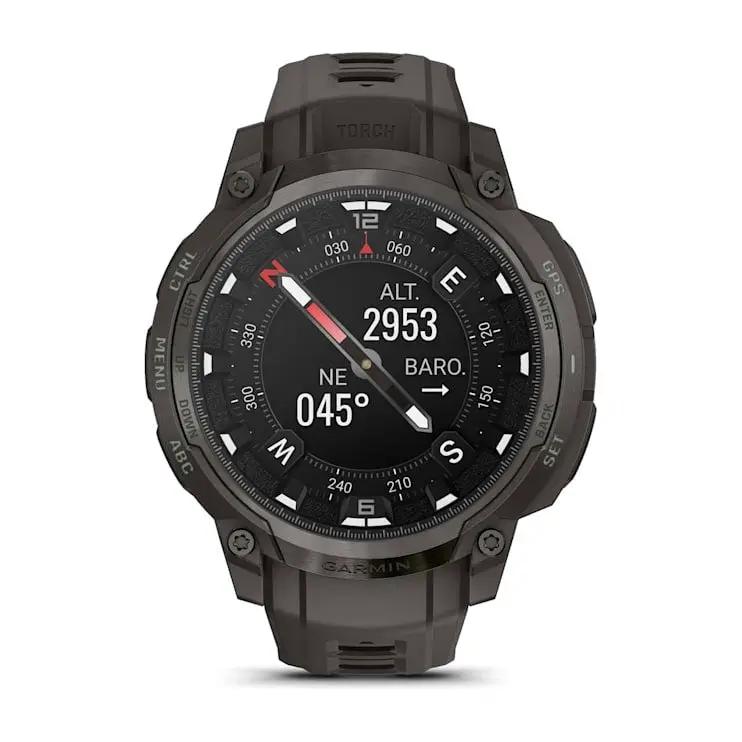 Garmin Instinct Crossover AMOLED smartwatch, rugged dark bezel with brown strap.