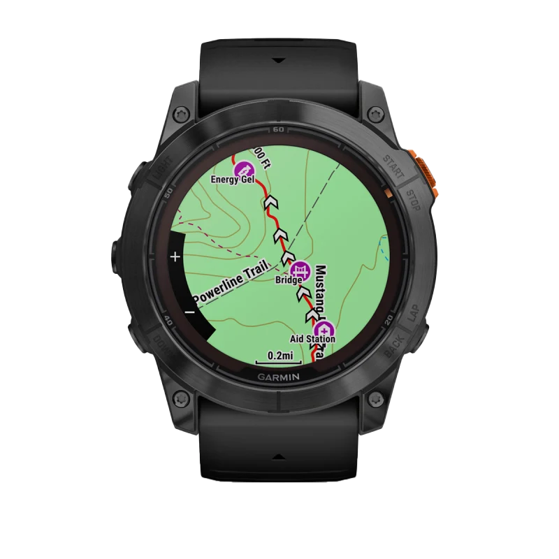 Garmin Fenix 7X Pro Solar smartwatch, slate gray with black band, displaying a map.