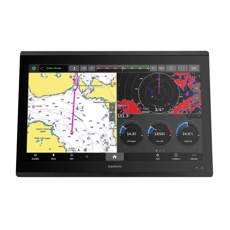 Garmin GPSMAP 8622 marine chartplotter, black bezel, split-screen navigation map and gauges