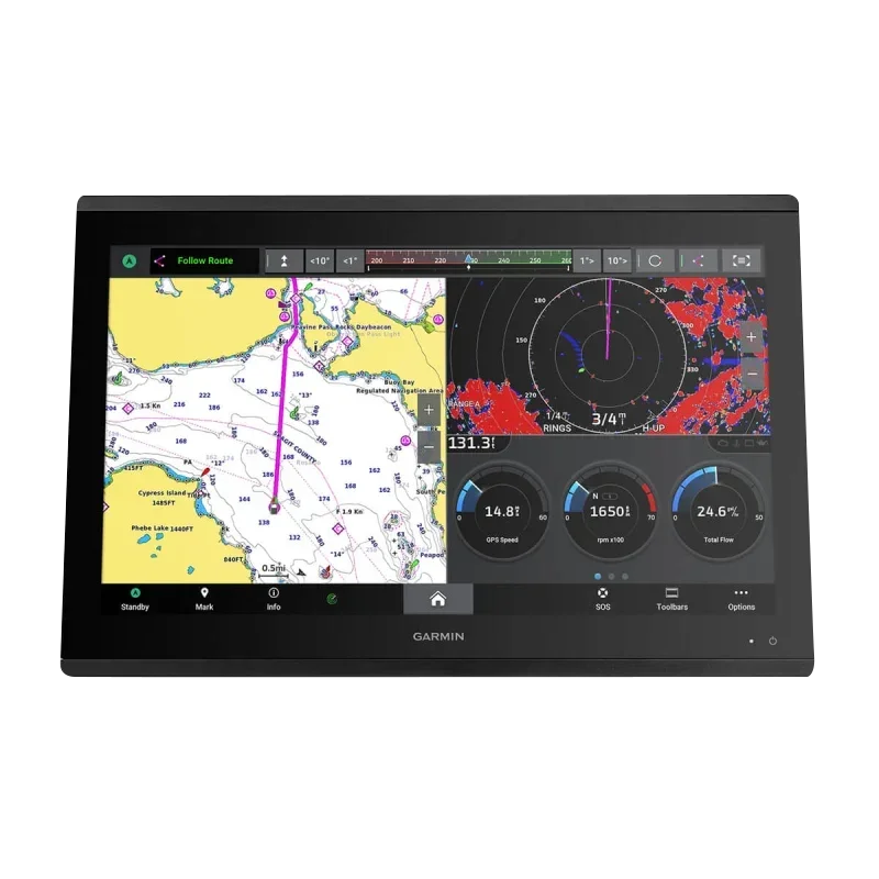 Garmin GPSMAP 8622 marine chartplotter, black bezel, split-screen navigation map and gauges