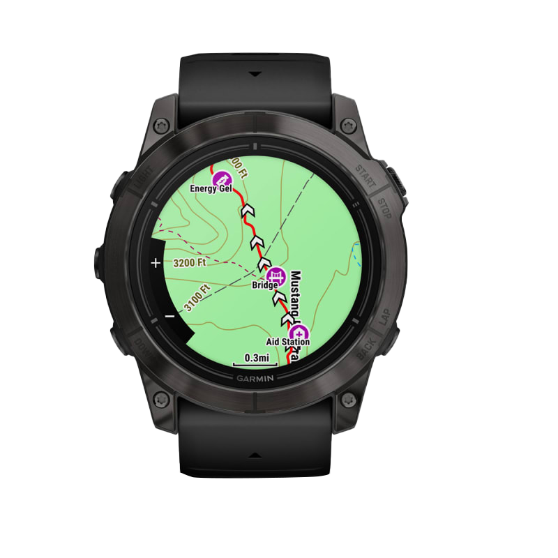 Garmin Epix Pro Gen 2 smartwatch, 51 mm Sapphire Edition carbon gray DLC titanium with black band, displaying a map.