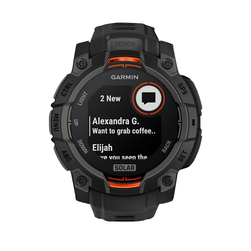 Garmin Instinct 3 Solar smartwatch, 45mm, black case with black band and orange accents.