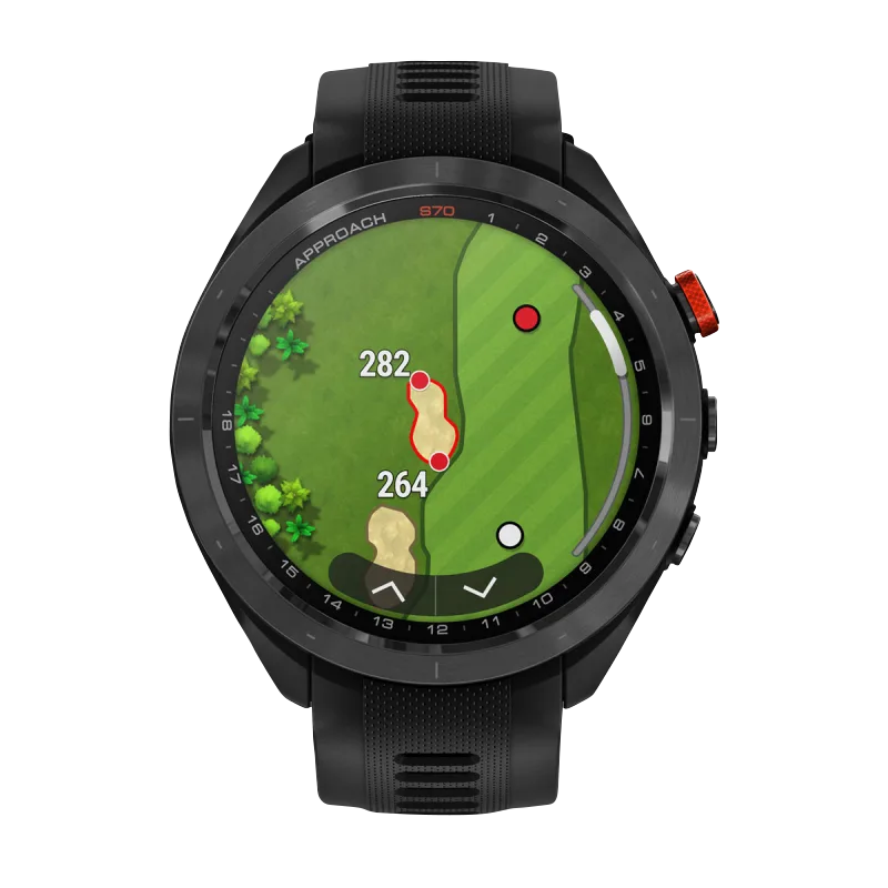 Garmin Approach S70 47 mm smartwatch with black/red ceramic bezel and black silicone band.