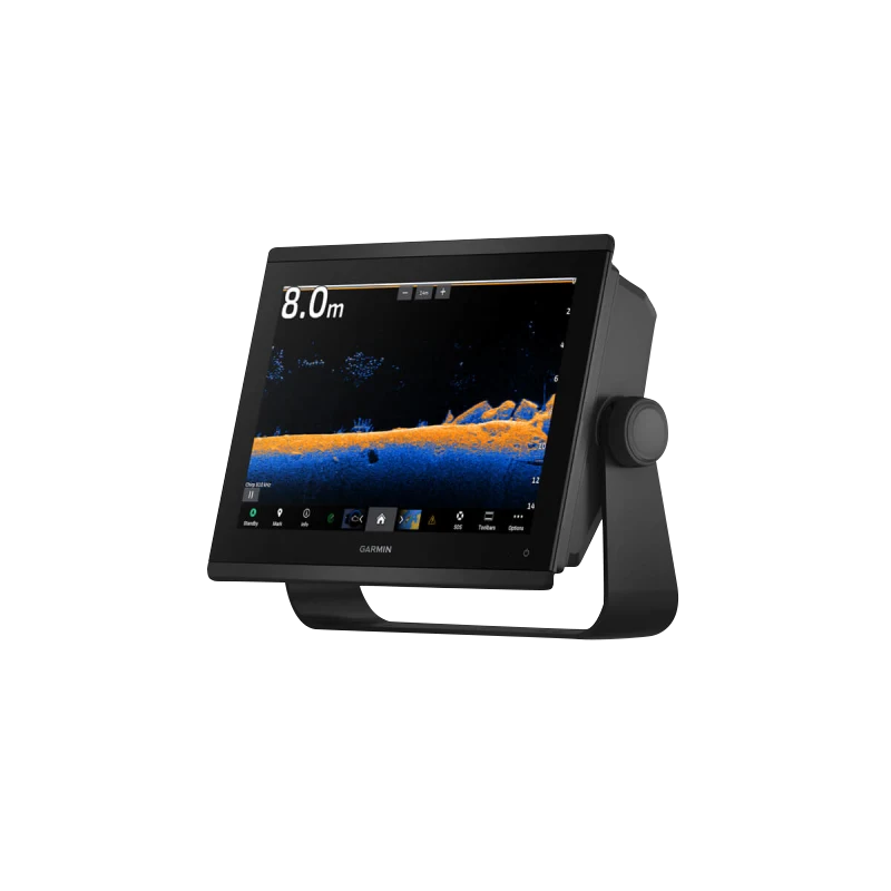 Garmin GPSMAP 1223xsv marine chartplotter with black display on stand, showing SideVü/CHIRP sonar