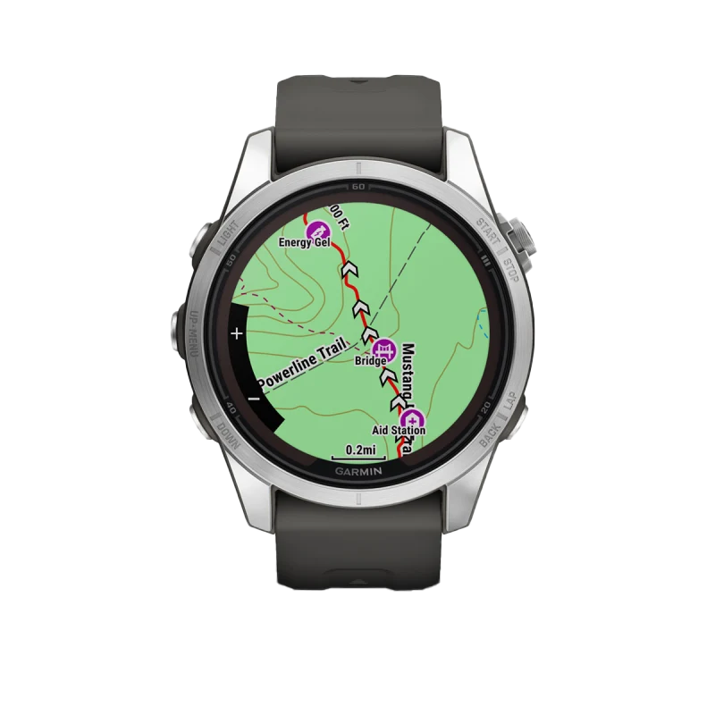Garmin Fenix 7S Pro Solar smartwatch with graphite band and silver bezel, map display