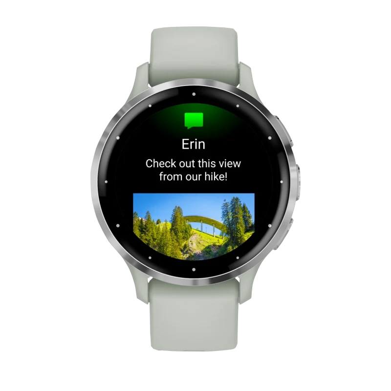 Garmin Venu 3S smartwatch, 41mm silver stainless-steel bezel with sage gray silicone band.