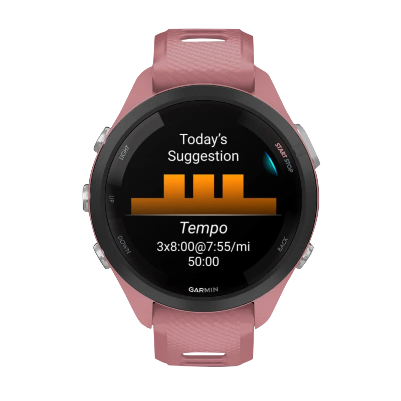 Garmin Forerunner 265S smartwatch with pink case and light pink/Whitestone silicone band