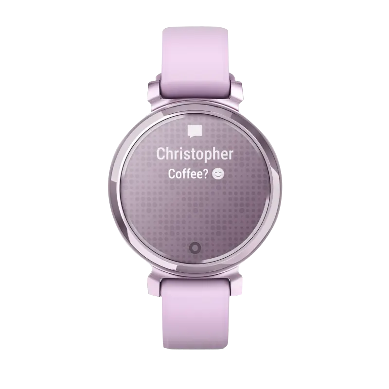 Garmin Lily 2 smartwatch, metallic lilac finish with lilac silicone band, Garmin Certified Refurbished