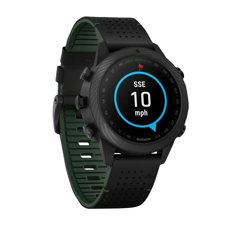 Garmin MARQ Golfer Gen 2 Carbon Edition smartwatch; black case, perforated strap with green inner lining