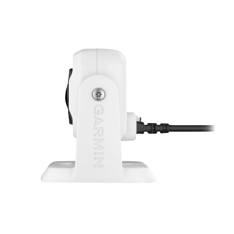 Garmin GC 100 Wireless Camera on white mounting stand with attached cable