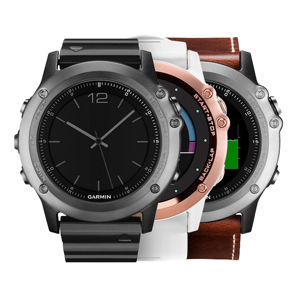 Garmin Fenix 3 Sapphire watches with metal, white, and brown leather bands (3-pack)