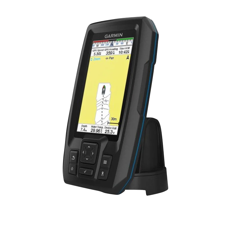 Garmin STRIKER Plus 4 fish finder with dual-beam transducer, black unit with blue trim
