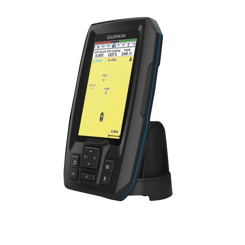 Garmin STRIKER Vivid 4cv handheld fish finder with blue trim and yellow display