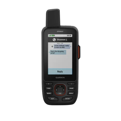 Garmin GPSMAP 67 handheld GPS navigation device, black with orange side button.