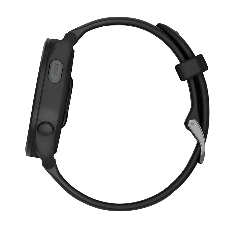 Garmin Forerunner 165 Music smart watch, black and slate gray, side view.