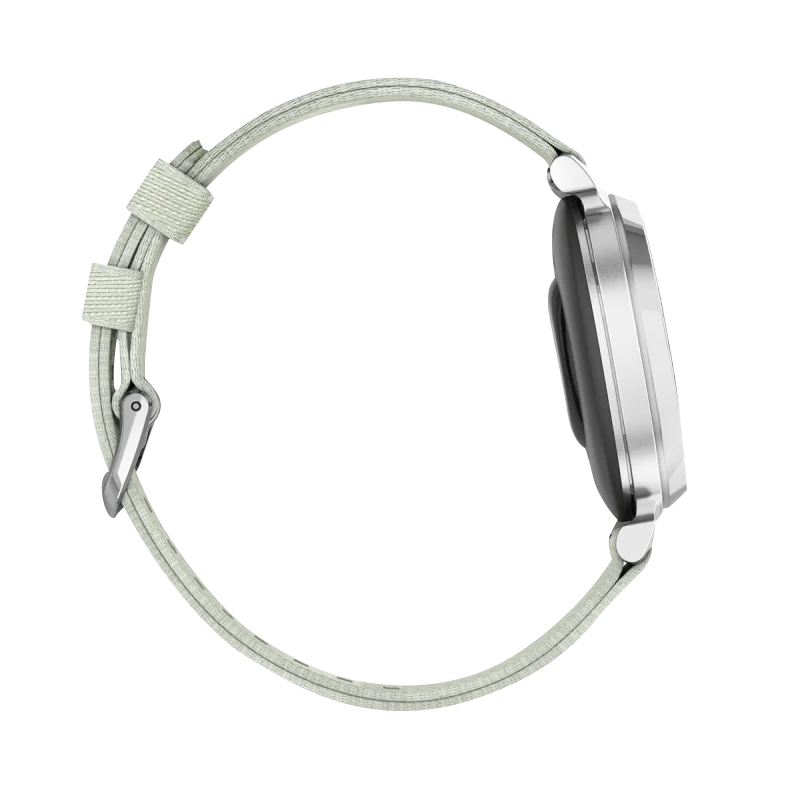 Garmin Lily 2 Classic smartwatch, silver case with sage gray nylon band, Garmin Certified Refurbished