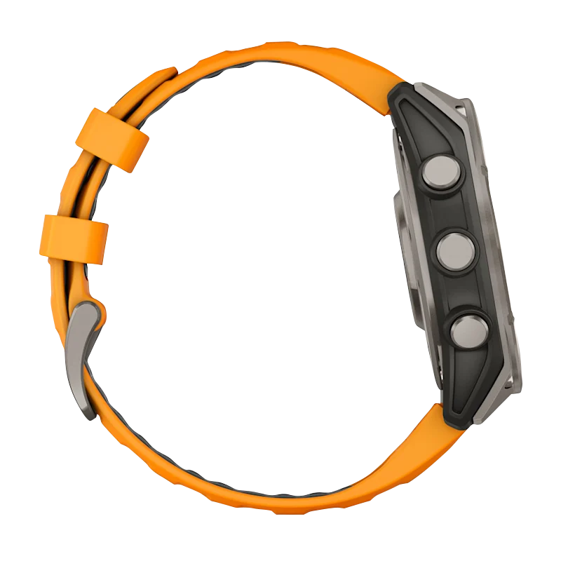 Garmin Fenix 8 smartwatch, 47 mm AMOLED Sapphire titanium case with orange silicone band.