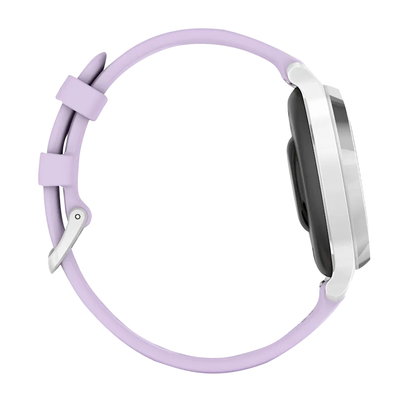 Garmin Lily 2 Active smartwatch, silver case with purple Jasmine silicone band.