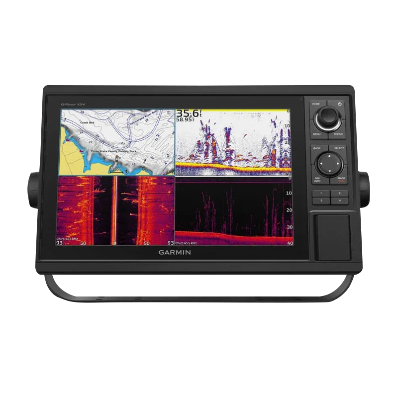 Black Garmin GPSMAP 1242xsv marine chartplotter with GT52HW-TM transducer
