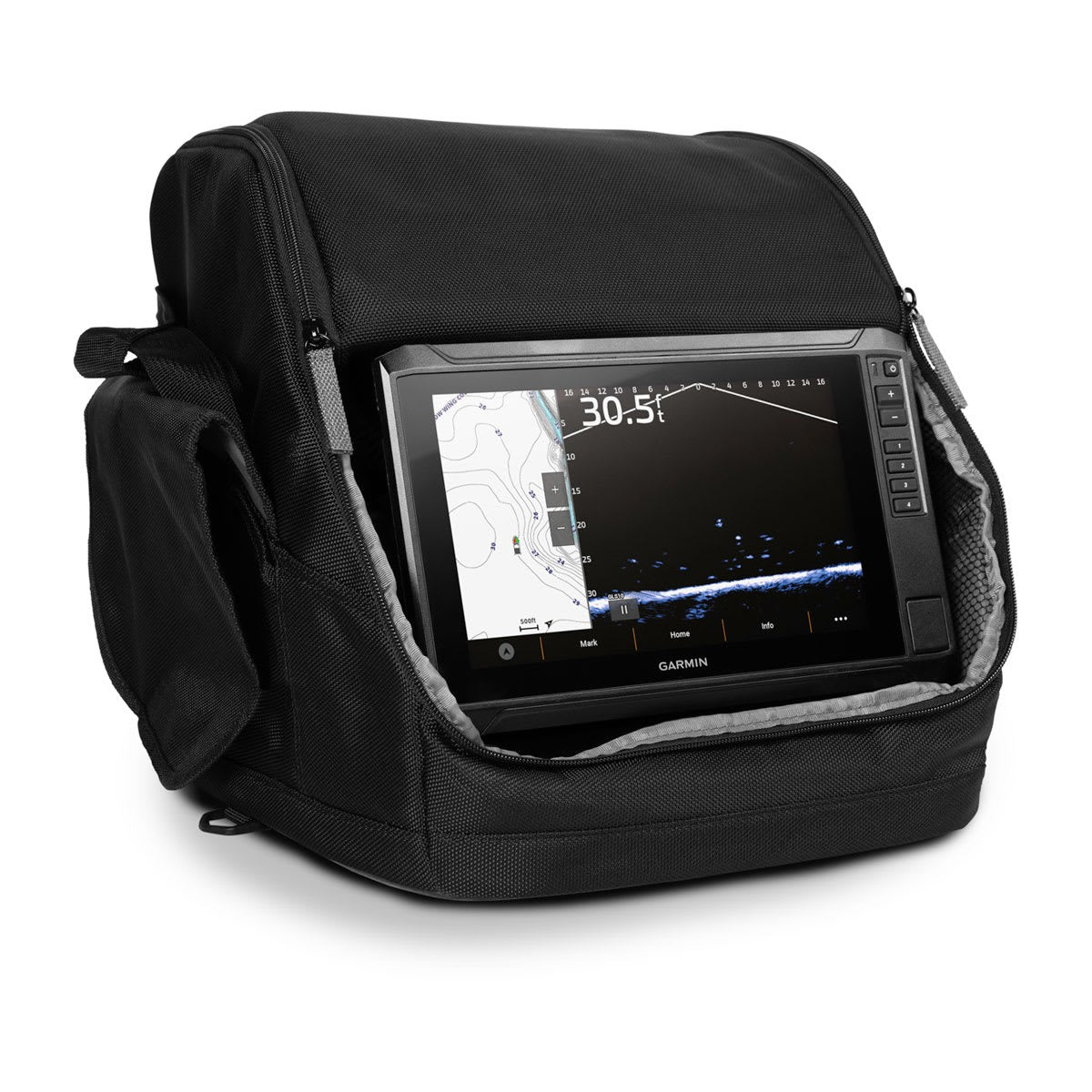 Garmin LiveScope Plus lithium-ion ice fishing bundle fish finder in a black carrying bag