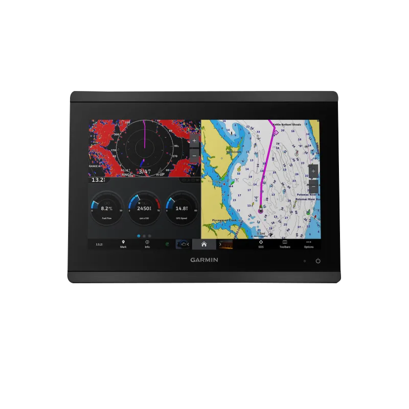 Garmin GPSMAP 8612 marine chartplotter with mapping on a black bezel display.