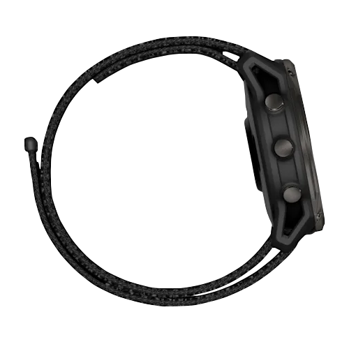 Garmin Enduro 3 black smartwatch with braided charging cable looped around its side and three side buttons