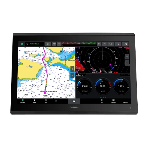 Garmin GPSMAP 8422 MFD marine chartplotter with split map and radar display, black bezel