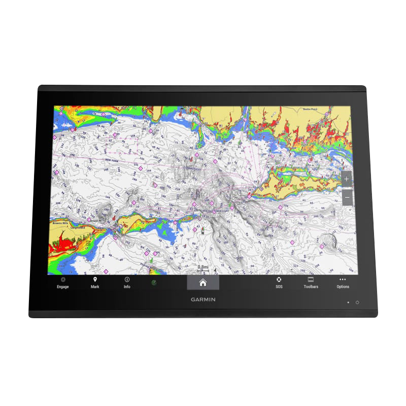 Garmin GPSMAP 8624 marine chartplotter display with colorful navigational chart on black bezel
