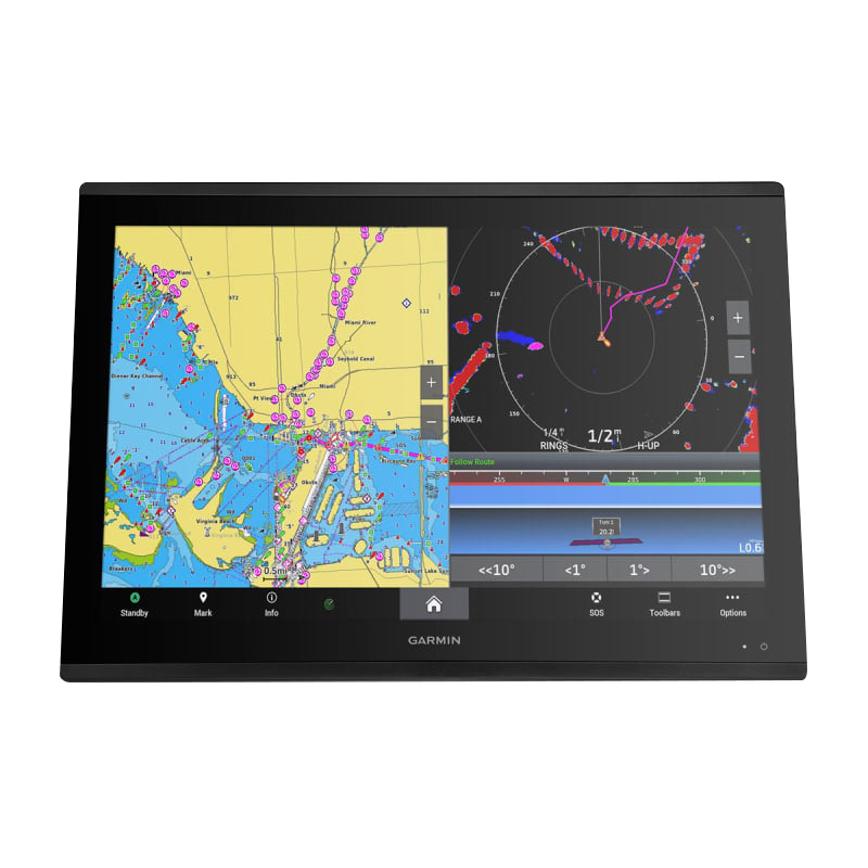 Garmin GPSMAP 8424 MFD marine chartplotter with black bezel and split-screen chart and radar display