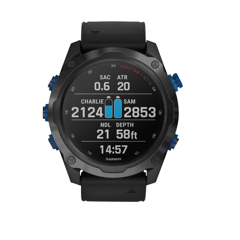 Garmin Descent Mk2i dive computer with titanium carbon-gray DLC bezel and black band; certified refurbished.