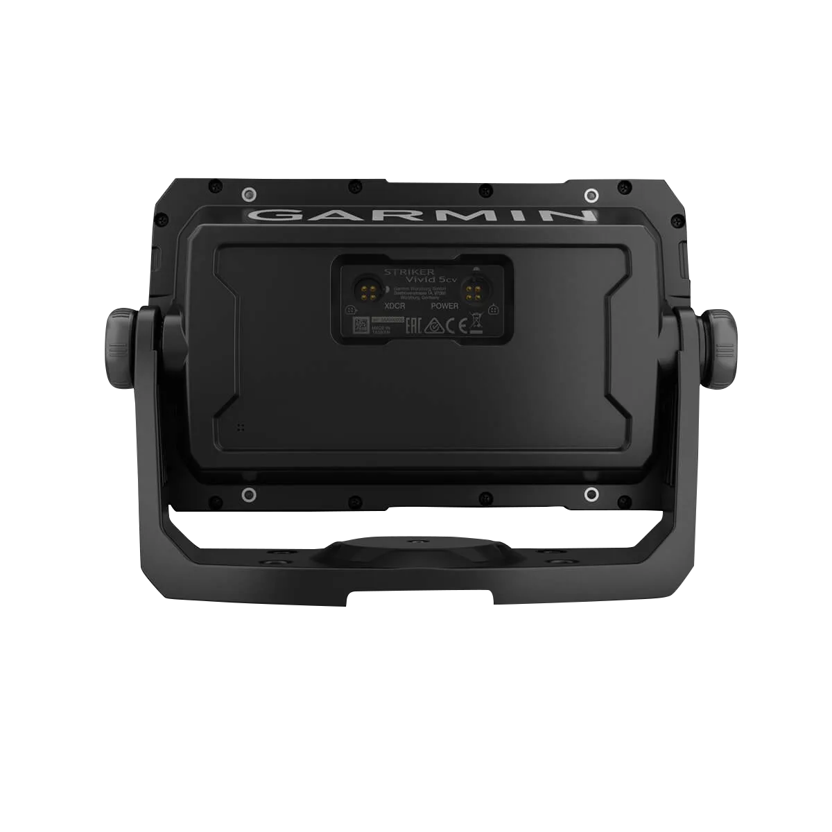 Garmin STRIKER Vivid 5cv marine chartplotter, black unit shown from back with mounting bracket (no transducer)