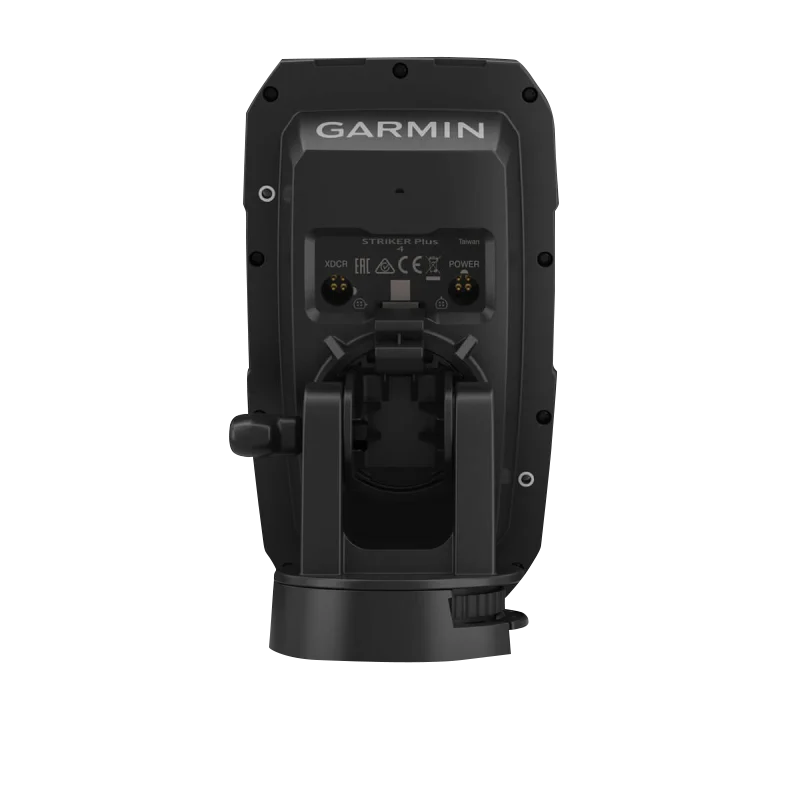 Garmin STRIKER Plus 4 fish finder with dual-beam transducer; back view on mount.
